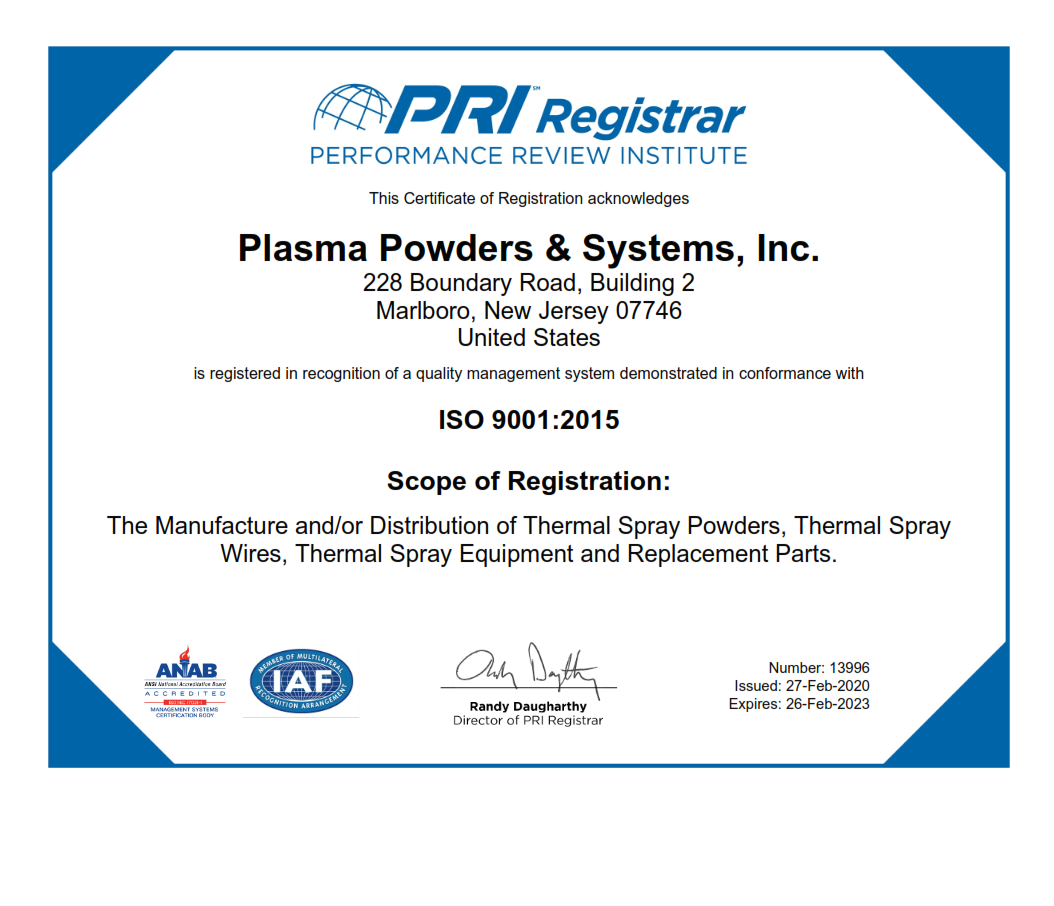 Plasma Powders & Systems, Inc is a PRI Registered Manufacture and Distribution of Thermal Spray Powders, Thermal Spray Wires, Thermal Spray Equipment and Replacement Parts Company. ISO 9001:2015